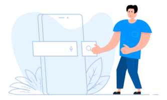 A man stands near the smartphone, on the screen Search Bar. Search Address and navigation bar. png