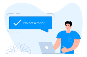 Man sitting at laptop Captcha, messages bubbles I am not a robot. png