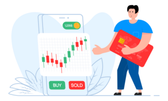A man stands near the smartphone, on the screen Stocks market graph. Trading, forex. Excellent investing. png