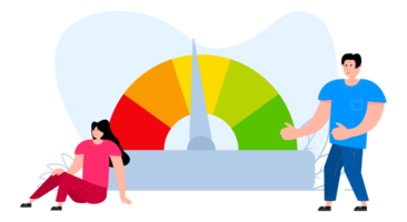 A man and a woman are standing near Satisfaction Quality Meter, Stress level. Optimization Page speed. png