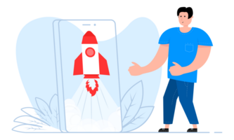 Rocket launch. Spaceship launch. Start up. Super developer. png