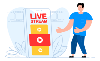 A man stands near the smartphone, on the screen live stream. Layer, broadcast, website. png