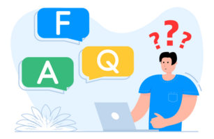 A man stands near the smartphone, on the screen bubble Frequently asked questions FAQ. png