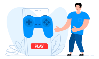 A man stands near the smartphone, on the screen Game Controller. Playing Game. png