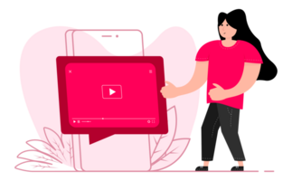 A man stands near the smartphone, on the screen web videos player or social media live stream. Movie internet media. tutorial. Live watching a png