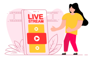 A woman stands near the smartphone, on the screen live stream. Layer, broadcast, website. png