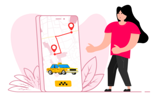 A girl stands near the smartphone, on the screen Taxi app on smartphone screen. Get a taxi. png