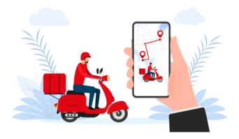 Delivery app on a smartphone tracking a delivery man on a moped. Delivery and online shopping. png
