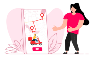 Delivery app on a smartphone tracking a delivery man on a moped. Delivery and online shopping. png