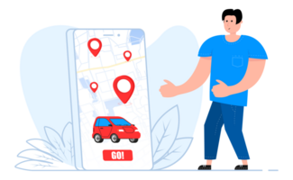 A man stands near the smartphone, on the screen car sharing and rent service. Mobile app ordering automobile. png