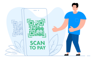 A man stands near the smartphone, on the screen qr code and text scan to pay. QR code payment png