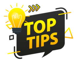 Top tips label with light bulb. Helpful tricks, tooltip png