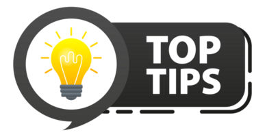 Top tips label with light bulb. Helpful tricks, tooltip png