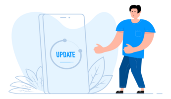 A man stands near the smartphone, on the screen System software update and upgrade png
