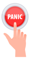 Red button with help text Panic. Hand pressing panic button png