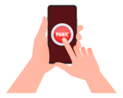 Red button with help text Panic. Hand pressing panic button on smartphone screen png