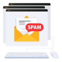 Email spamming attack. Email box hacking, spam warning. png