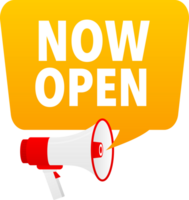 Megaphone label set with text Now open. Now open announcement banner png