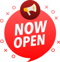 Megaphone label set with text Now open. Now open announcement banner png