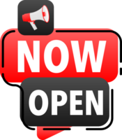 Megaphone label set with text Now open. Now open announcement banner png