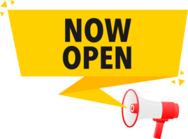 Megaphone label set with text Now open. Now open announcement banner png