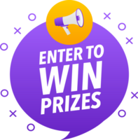 Megaphone label set with text Enter to win prizes. Enter to win prizes announcement banner png