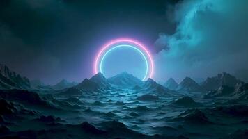 paso dentro un retro-futurista reino dónde Nevado montañas reunirse neón aura ligero anillos, con vibrante nubes y un brillante cielo, creando un Inspirado en los años 80 ciencia ficción paisaje de ensueño video