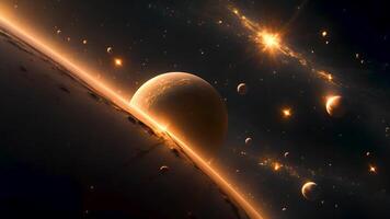 Cosmic dawn unfolds as the sun rises over planets and moons, creating an awe-inspiring scene that captures the essence of space exploration and celestial beauty video