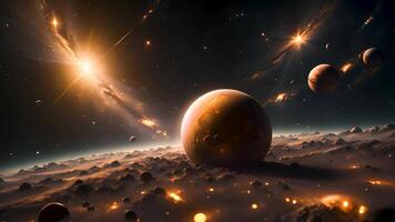 maravilloso cósmico amanecer presentando el Dom y Luna en espacio, capturar el sereno momento de un nuevo día madrugada en el universo con celestial cuerpos brillante brillantemente. video