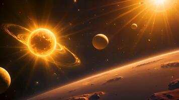 Stunning cosmic sunrise featuring the sun and moon in space, capturing the serene moment of a new day dawning in the universe with celestial bodies shining brightly. video
