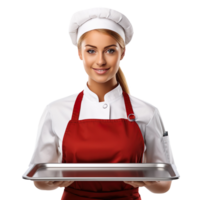 Female Baker in chef uniform Holding an empty Tray isolated on transparent background png
