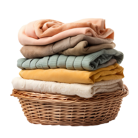 Stack of clean clothes in a Wicker basket isolated on transparent background png