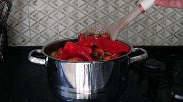 Chef uses a slotted spoon to mix vegetables including carrots, peppers, and potatoes while cooking in a pot on a stovetop video