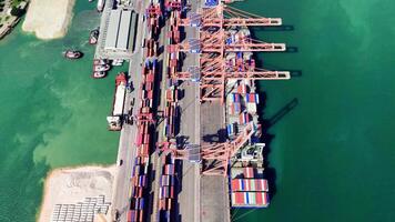 Aerial views showcase a large container ship unloading cargo at a busy port, with dock workers managing operations in a dynamic logistics environment video