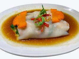 Peking duck served with spring onion and sliced cucumber - Chinese food style photo