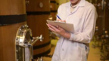 Professional winemaker controlling wine making process and quality at winery factory video