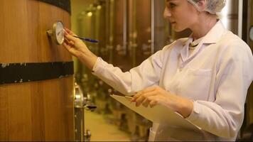 Professional winemaker controlling wine making process and quality at winery factory video