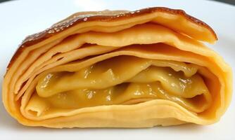 A close up of a pastry with cheese inside photo