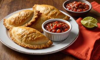 Three empanadas with salsa and a bowl of salsa photo