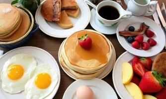 A table with pancakes, eggs, fruit and coffee photo