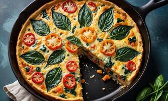 A quiche with tomatoes and spinach in a pan photo