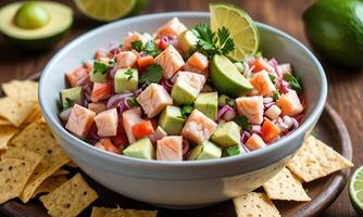 Salmon salsa with avocado and lime photo