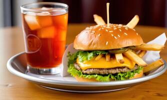 A hamburger and fries on a plate photo