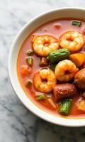 A bowl of soup with shrimp and vegetables photo