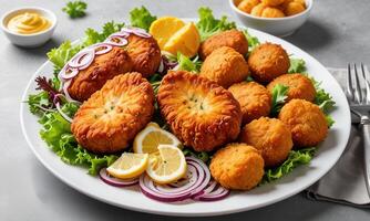 A plate of fish and vegetables with lemon wedges photo