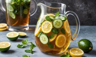 Lemonade in a pitcher with cucumber slices and mint photo