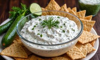 Dip with crackers and cucumber photo