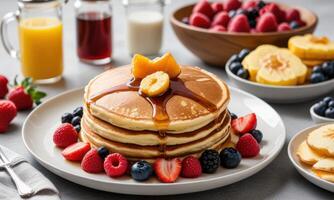 A stack of pancakes with berries and syrup photo