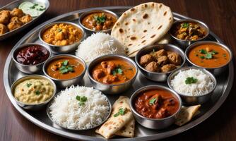 A silver platter with many different types of indian food photo