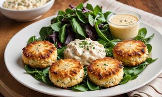 A plate of crab cakes with a side of salad photo